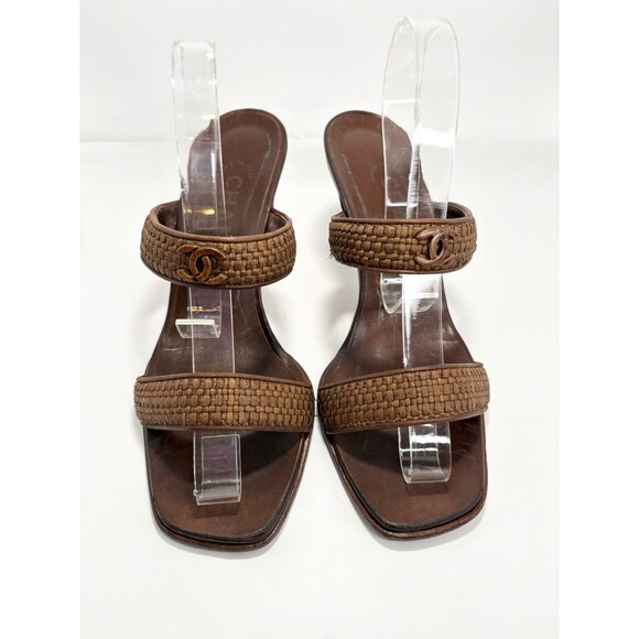 Chanel Brown Leather & Raffia Strap Heels Sandals CC Logo Vintage Sz EU 36 6 - Picture 3 of 13